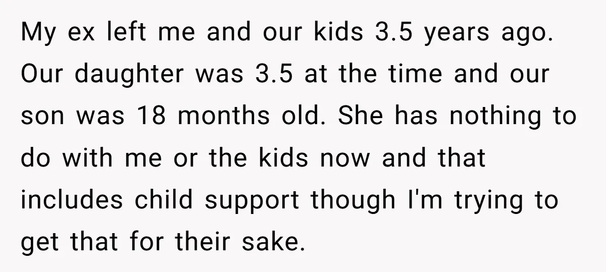 My ex left me and our kids 3.5 years ago. Our daughter was 3.5 at the time and our son was 18 months old. She has nothing to do with...