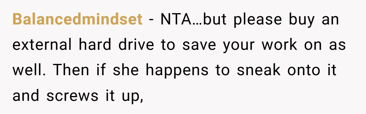 Balancedmindset − NTA…but please buy an external hard drive to save your work on as well. Then if she happens to sneak onto it and screws it up,
