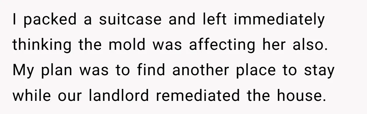 I packed a suitcase and left immediately thinking the mold was affecting her also. My plan was to find another place to stay while our landlord remediated the house.