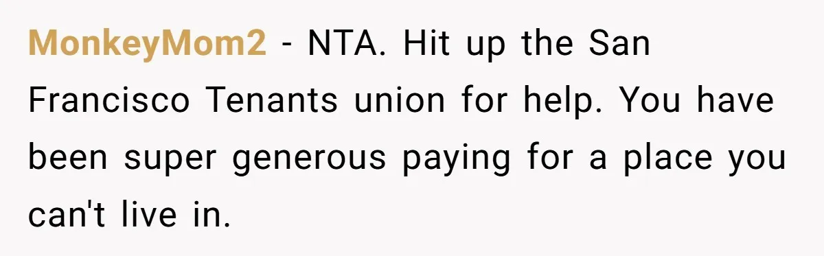 MonkeyMom2 − NTA. Hit up the San Francisco Tenants union for help. You have been super generous paying for a place you can't live in.