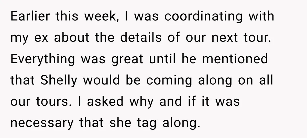 Earlier this week, I was coordinating with my ex about the details of our next tour. Everything was great until he mentioned that Shelly would be coming along on all...