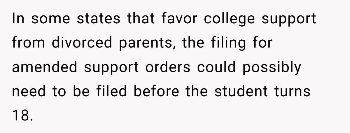 In some states that favor college support from divorced parents, the filing for amended support orders could possibly need to be filed before the student turns 18.