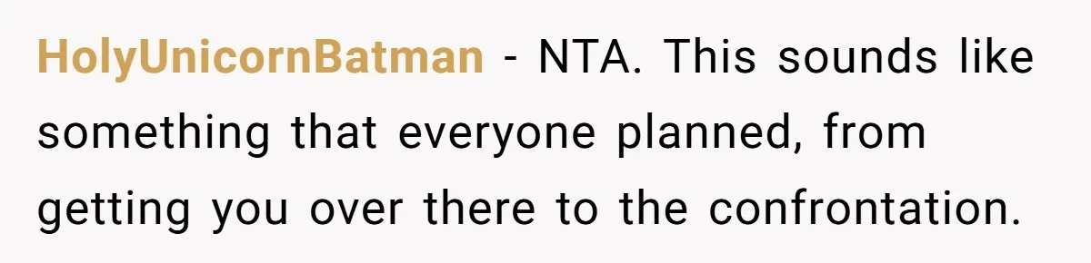 HolyUnicornBatman − NTA. This sounds like something that everyone planned, from getting you over there to the confrontation.