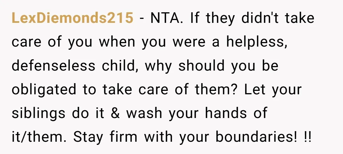 LexDiemonds215 − NTA. If they didn't take care of you when you were a helpless, defenseless child, why should you be obligated to take care of them? Let your siblings...
