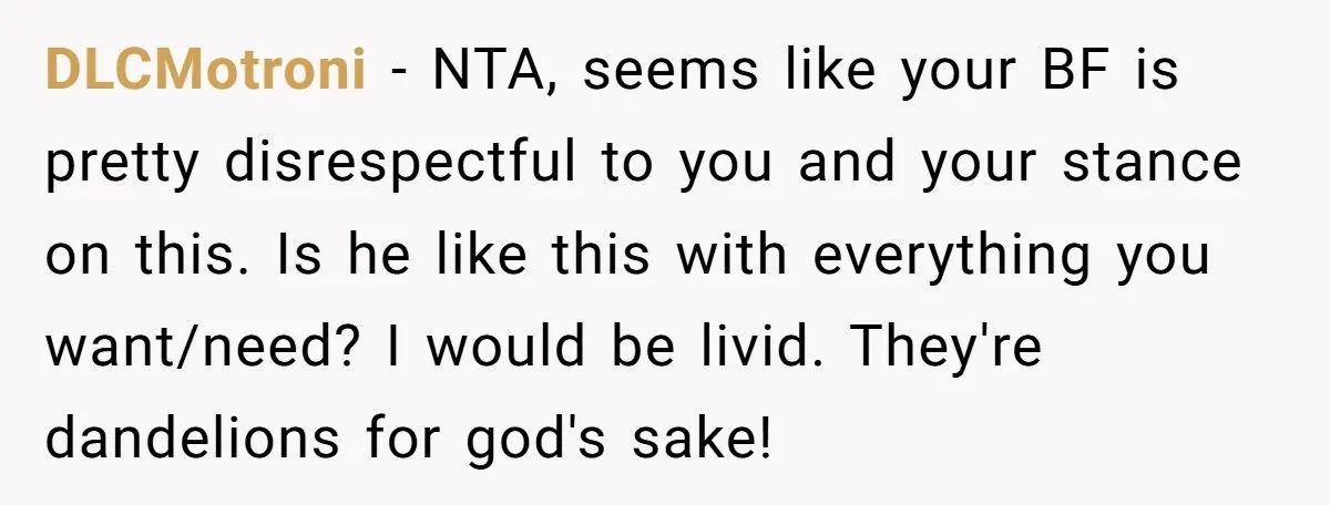 DLCMotroni − NTA, seems like your BF is pretty disrespectful to you and your stance on this. Is he like this with everything you want/need? I would be livid. They're...