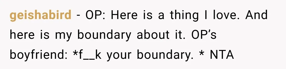 geishabird − OP: Here is a thing I love. And here is my boundary about it. OP’s boyfriend: *f__k your boundary. * NTA