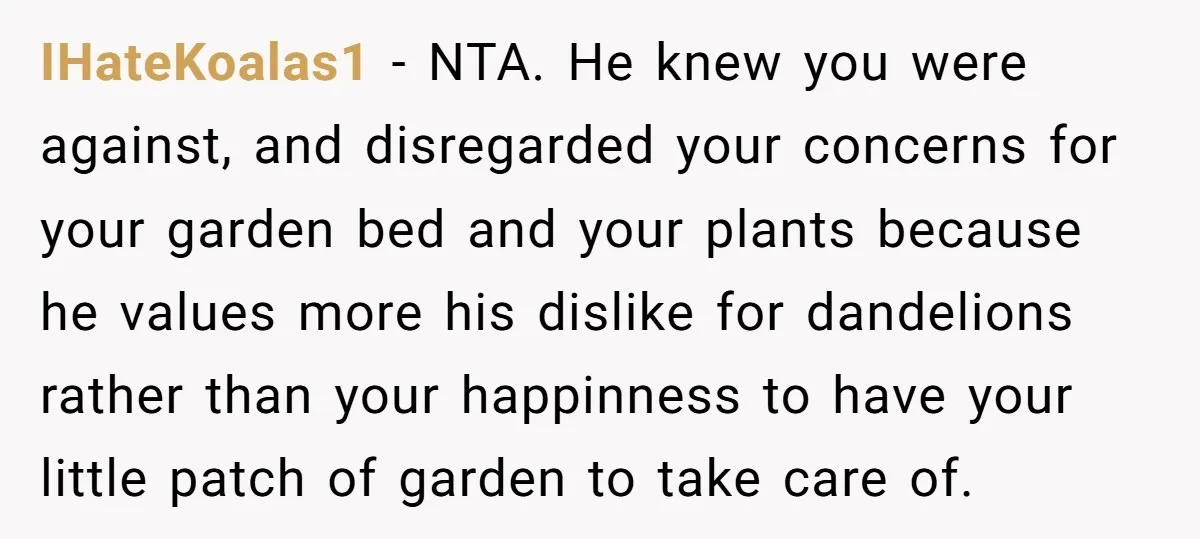 IHateKoalas1 − NTA. He knew you were against, and disregarded your concerns for your garden bed and your plants because he values more his dislike for dandelions rather than your...