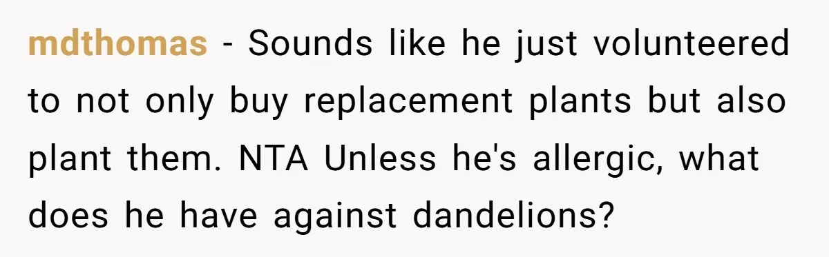mdthomas − Sounds like he just volunteered to not only buy replacement plants but also plant them. NTA Unless he's allergic, what does he have against dandelions?