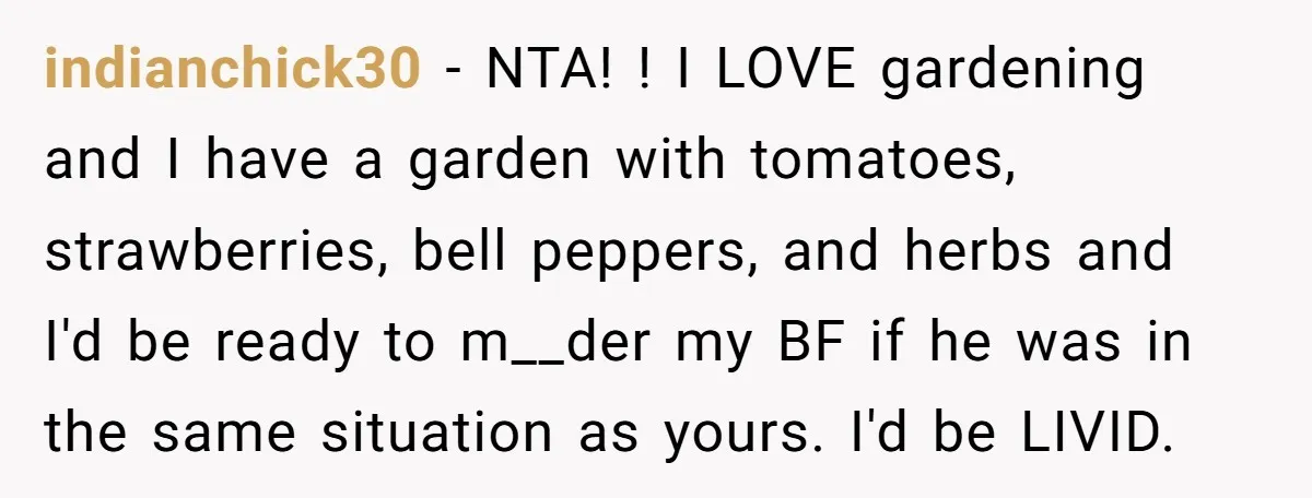 indianchick30 − NTA! ! I LOVE gardening and I have a garden with tomatoes, strawberries, bell peppers, and herbs and I'd be ready to m__der my BF if he was...