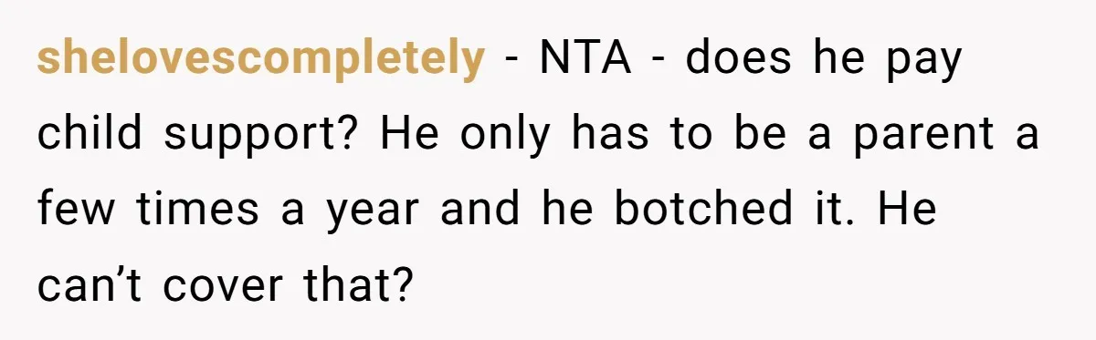 shelovescompletely − NTA - does he pay child support? He only has to be a parent a few times a year and he botched it. He can’t cover that?