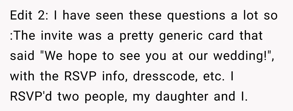 Edit 2: I have seen these questions a lot so :The invite was a pretty generic card that said "We hope to see you at our wedding!", with the RSVP...