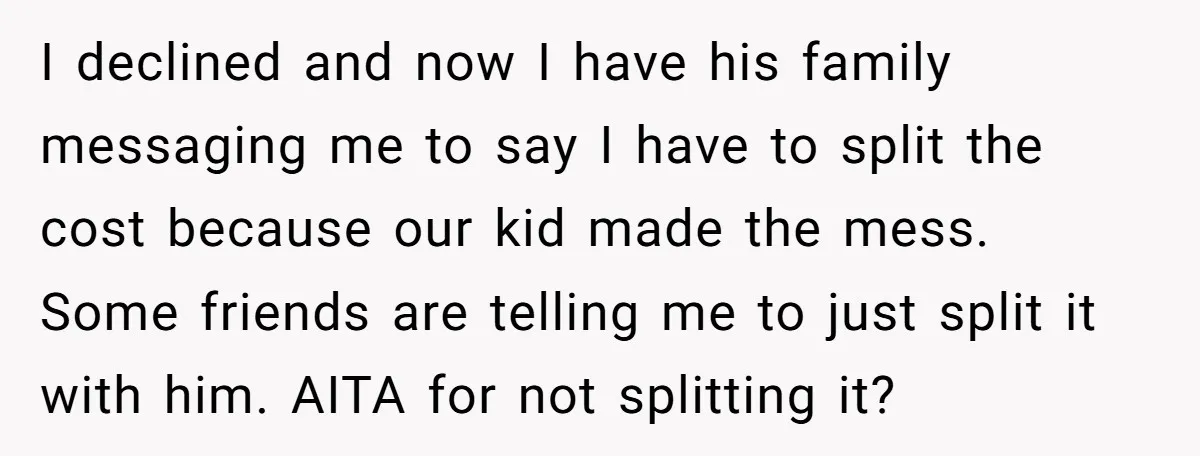 I declined and now I have his family messaging me to say I have to split the cost because our kid made the mess. Some friends are telling me to...