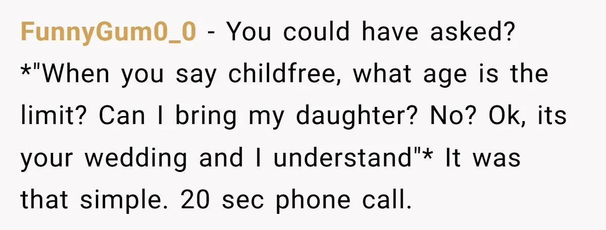 FunnyGum0_0 − You could have asked? *"When you say childfree, what age is the limit? Can I bring my daughter? No? Ok, its your wedding and I understand"* It was...