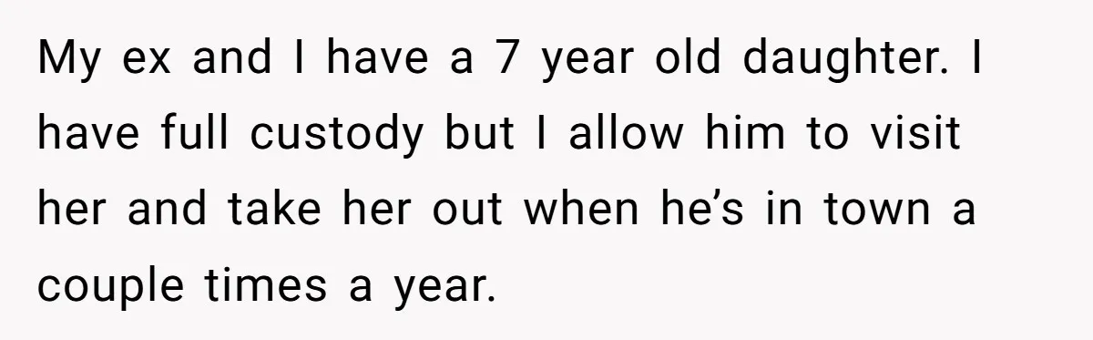 My ex and I have a 7 year old daughter. I have full custody but I allow him to visit her and take her out when he’s in town a...