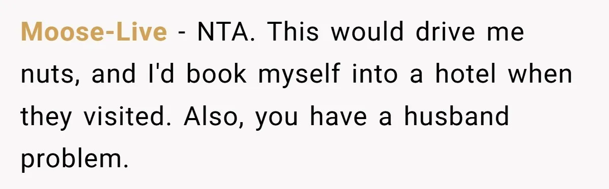 Moose-Live − NTA. This would drive me nuts, and I'd book myself into a hotel when they visited. Also, you have a husband problem.