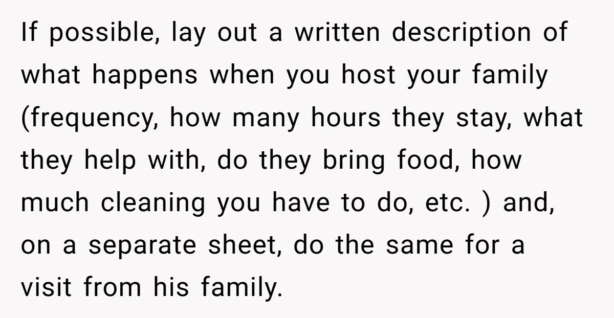 If possible, lay out a written description of what happens when you host your family (frequency, how many hours they stay, what they help with, do they bring food, how...