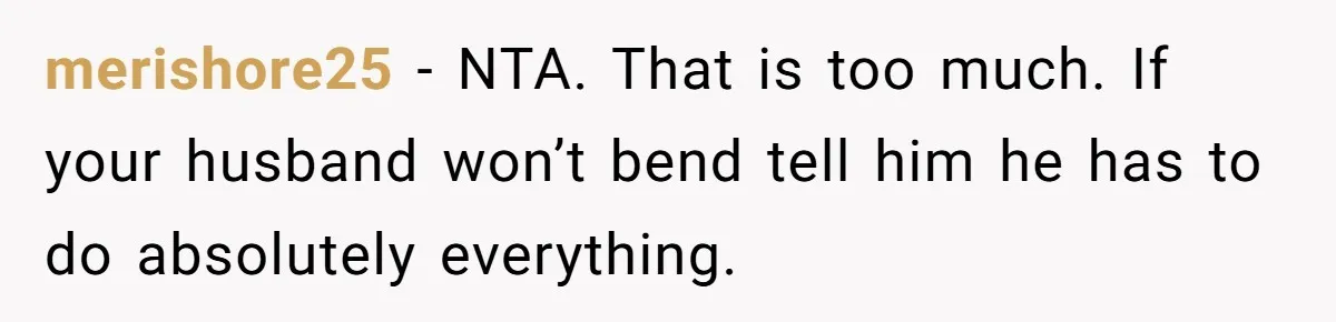 merishore25 − NTA. That is too much. If your husband won’t bend tell him he has to do absolutely everything.