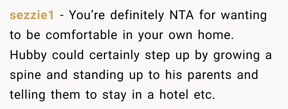 sezzie1 − You’re definitely NTA for wanting to be comfortable in your own home. Hubby could certainly step up by growing a spine and standing up to his parents and...