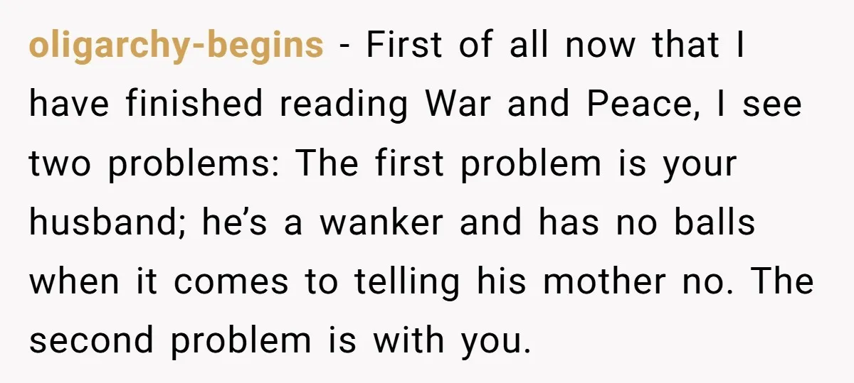 oligarchy-begins − First of all now that I have finished reading War and Peace, I see two problems: The first problem is your husband; he’s a wanker and has no...