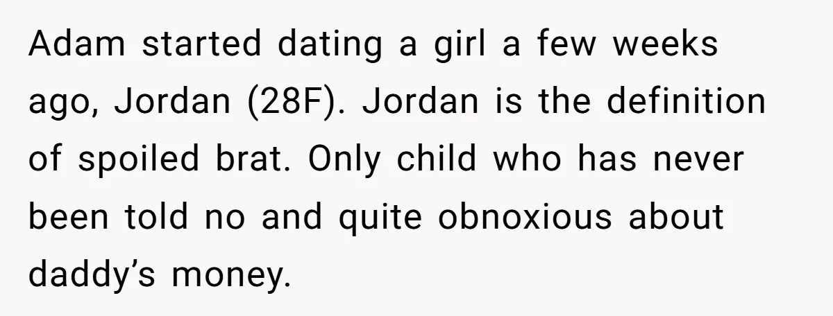 Adam started dating a girl a few weeks ago, Jordan (28F). Jordan is the definition of spoiled brat. Only child who has never been told no and quite obnoxious about...