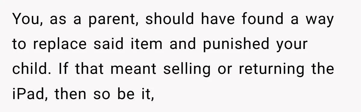 You, as a parent, should have found a way to replace said item and punished your child. If that meant selling or returning the iPad, then so be it,