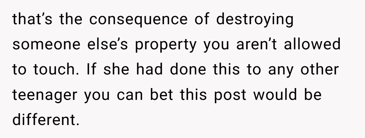 that’s the consequence of destroying someone else’s property you aren’t allowed to touch. If she had done this to any other teenager you can bet this post would be different.