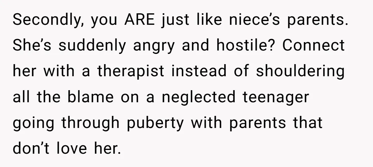 Secondly, you ARE just like niece’s parents. She’s suddenly angry and hostile? Connect her with a therapist instead of shouldering all the blame on a neglected teenager going through puberty...