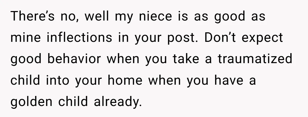 There’s no, well my niece is as good as mine inflections in your post. Don’t expect good behavior when you take a traumatized child into your home when you have...