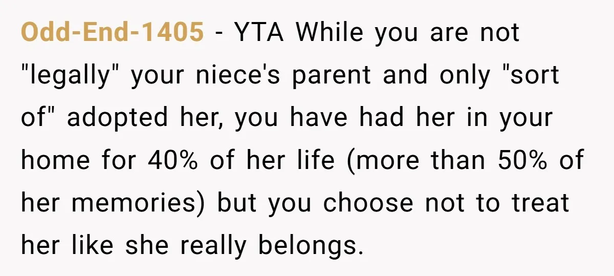 Odd-End-1405 − YTA While you are not "legally" your niece's parent and only "sort of" adopted her, you have had her in your home for 40% of her life (more...