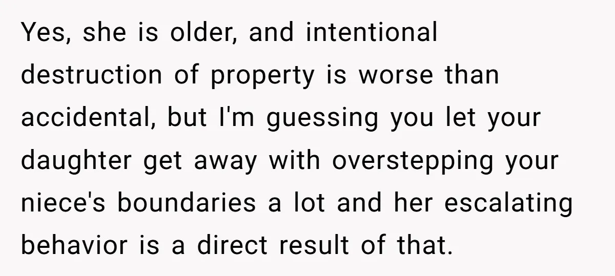 Yes, she is older, and intentional destruction of property is worse than accidental, but I'm guessing you let your daughter get away with overstepping your niece's boundaries a lot and...