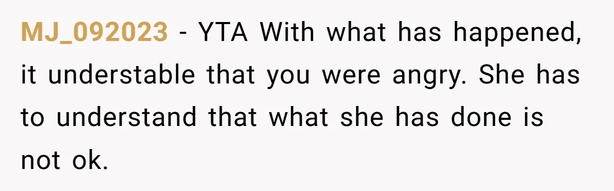 MJ_092023 − YTA With what has happened, it understable that you were angry. She has to understand that what she has done is not ok.