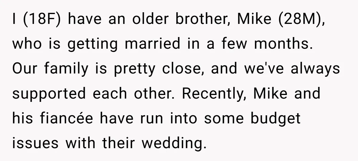 I (18F) have an older brother, Mike (28M), who is getting married in a few months. Our family is pretty close, and we've always supported each other. Recently, Mike and...