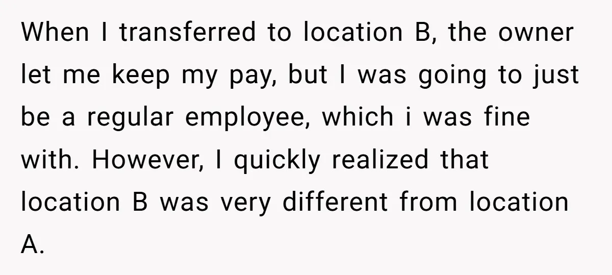 When I transferred to location B, the owner let me keep my pay, but I was going to just be a regular employee, which i was fine with. However, I...