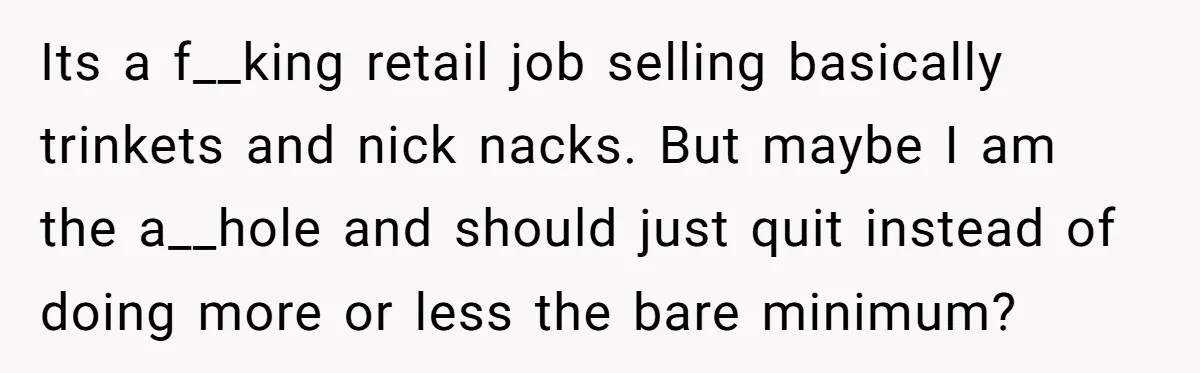 Its a f__king retail job selling basically trinkets and nick nacks. But maybe I am the a__hole and should just quit instead of doing more or less the bare minimum?