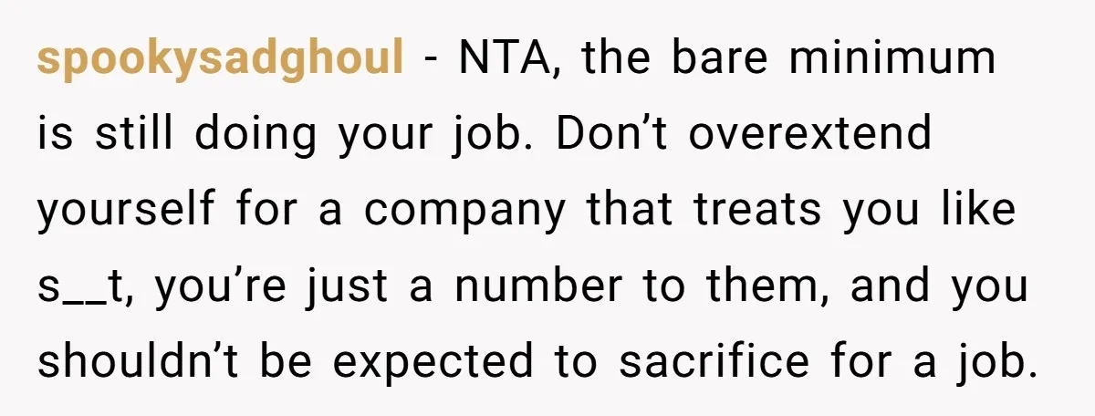 spookysadghoul − NTA, the bare minimum is still doing your job. Don’t overextend yourself for a company that treats you like s__t, you’re just a number to them, and you...