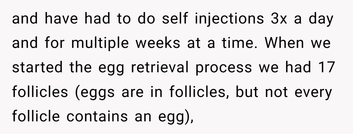 and have had to do self injections 3x a day and for multiple weeks at a time. When we started the egg retrieval process we had 17 follicles (eggs are...