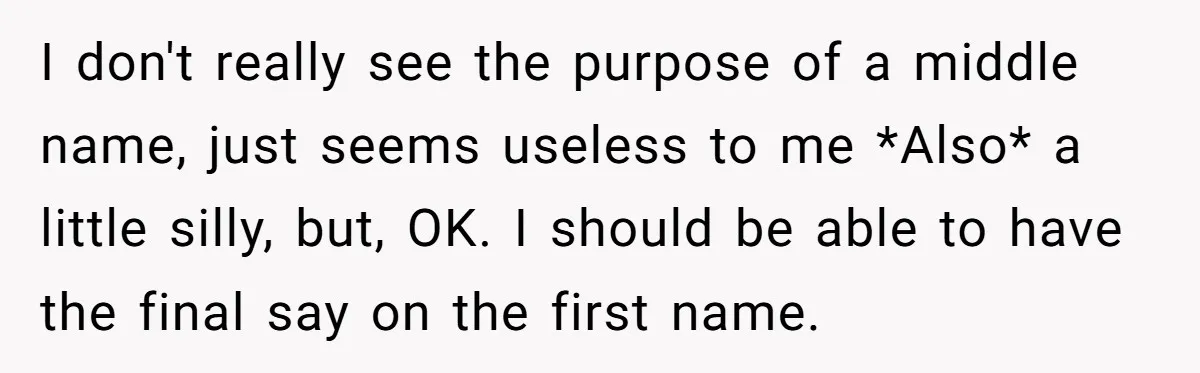 I don't really see the purpose of a middle name, just seems useless to me *Also* a little silly, but, OK. I should be able to have the final say...