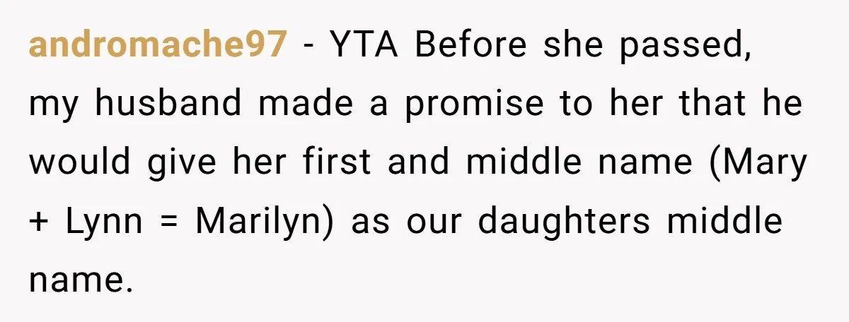 andromache97 − YTA Before she passed, my husband made a promise to her that he would give her first and middle name (Mary + Lynn = Marilyn) as our daughters...