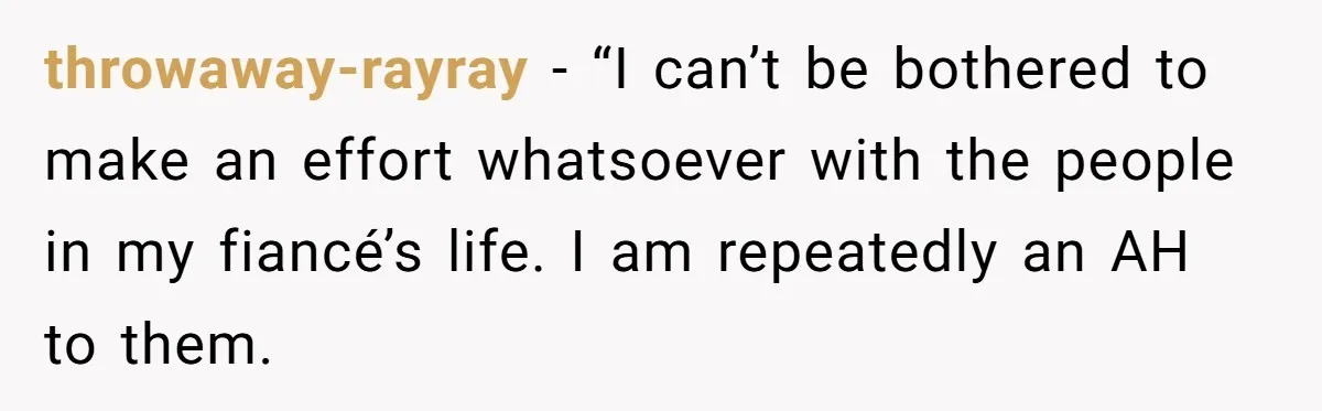 throwaway-rayray − “I can’t be bothered to make an effort whatsoever with the people in my fiancé’s life. I am repeatedly an AH to them.