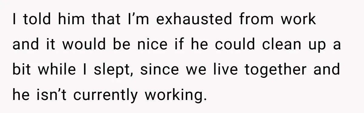 I told him that I’m exhausted from work and it would be nice if he could clean up a bit while I slept, since we live together and he isn’t...