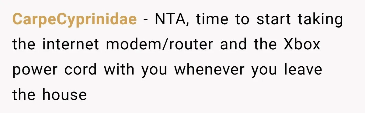 CarpeCyprinidae − NTA, time to start taking the internet modem/router and the Xbox power cord with you whenever you leave the house