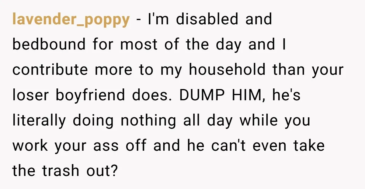 lavender_poppy − I'm disabled and bedbound for most of the day and I contribute more to my household than your loser boyfriend does. DUMP HIM, he's literally doing nothing all...