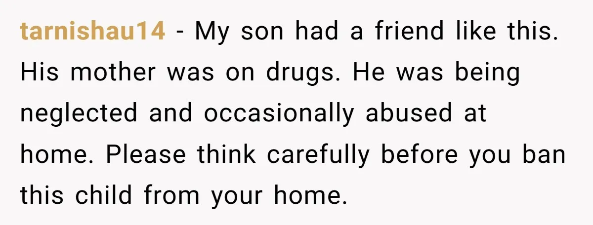 tarnishau14 − My son had a friend like this. His mother was on drugs. He was being neglected and occasionally abused at home. Please think carefully before you ban this...