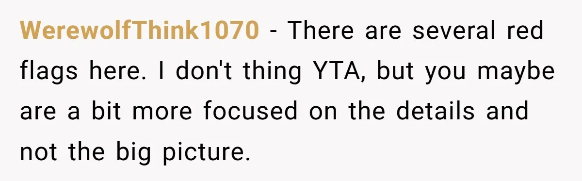 WerewolfThink1070 − There are several red flags here. I don't thing YTA, but you maybe are a bit more focused on the details and not the big picture.