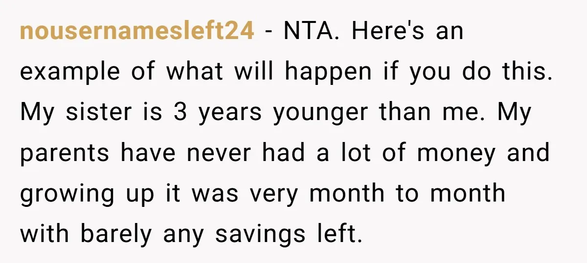 nousernamesleft24 − NTA. Here's an example of what will happen if you do this. My sister is 3 years younger than me. My parents have never had a lot of...