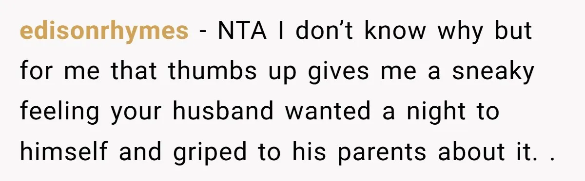 edisonrhymes − NTA I don’t know why but for me that thumbs up gives me a sneaky feeling your husband wanted a night to himself and griped to his parents...