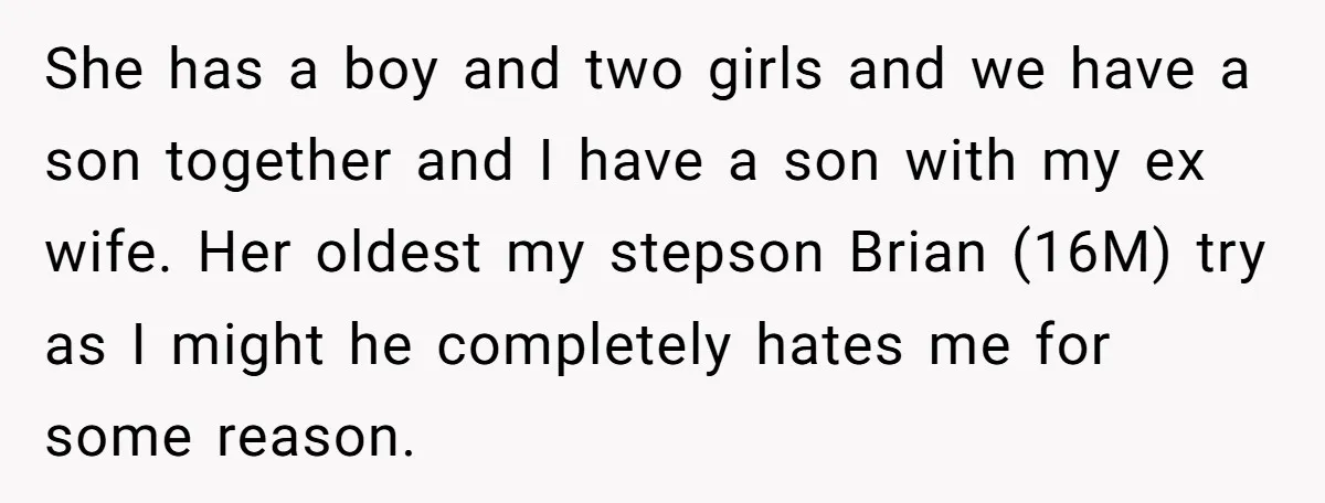 She has a boy and two girls and we have a son together and I have a son with my ex wife. Her oldest my stepson Brian (16M) try as...