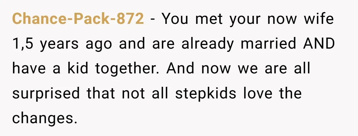 Chance-Pack-872 − You met your now wife 1,5 years ago and are already married AND have a kid together. And now we are all surprised that not all stepkids love...