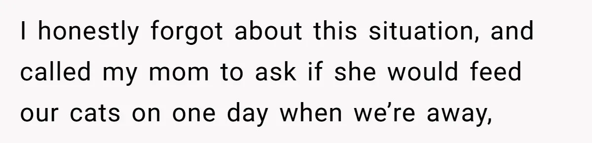I honestly forgot about this situation, and called my mom to ask if she would feed our cats on one day when we’re away,