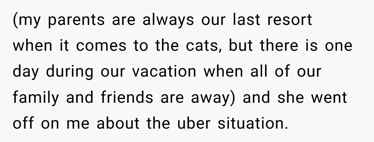 (my parents are always our last resort when it comes to the cats, but there is one day during our vacation when all of our family and friends are away)...